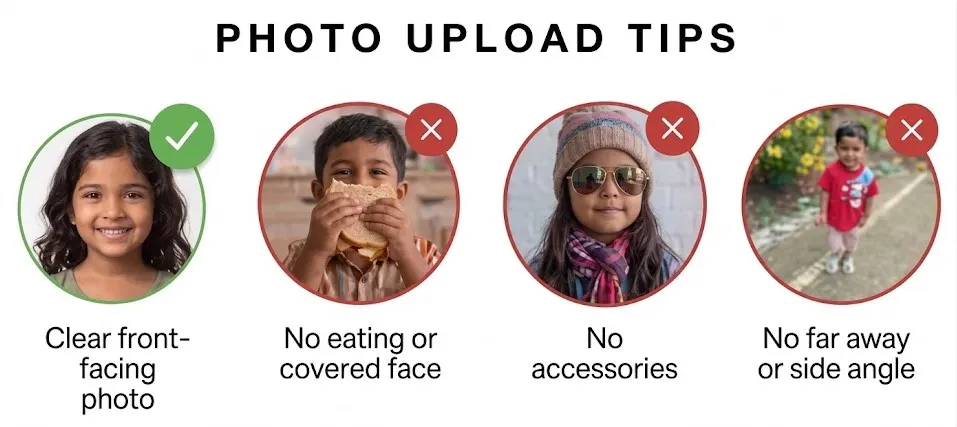 Photo tips showing how to take clear photos for a personalized book